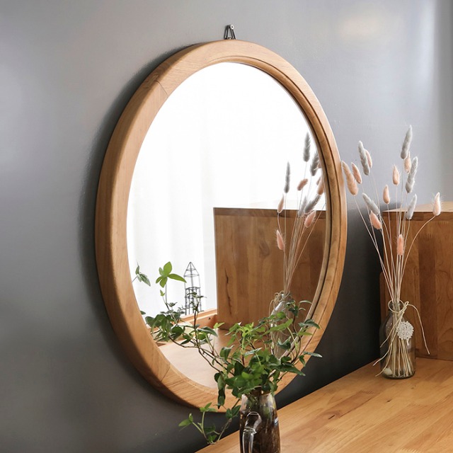 VANESS 로이든 07 원목 고무나무 레트로 침실 책상 북유럽 인테리어 화장대 원형 거울