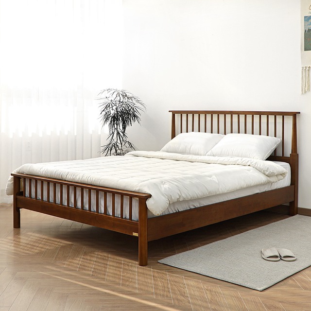 VANESS 로이든 01 원목 고무나무 내추럴 북유럽 인테리어 디자인 모던 심플 더블 퀸 침대 (매트리스규격:1500)